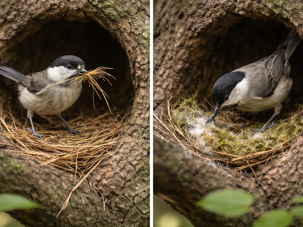 Young and experienced small songbirds near a nest site, showing instinctive building versus refined placement