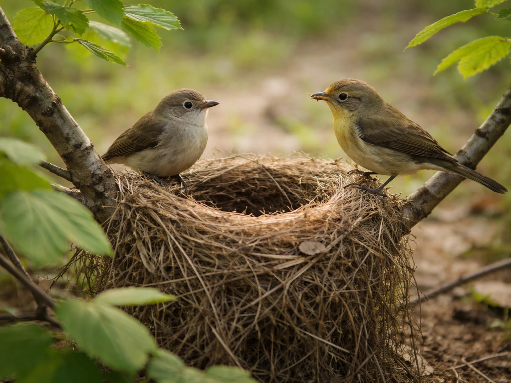 Small birds near a visible active nest, showing pair-bonding behavior at the nesting site.