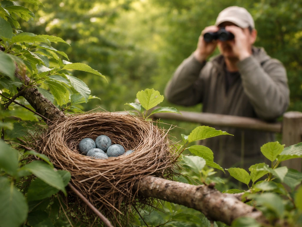 A person quietly observing an active bird nest from a safe distance with binoculars behind a barrier.