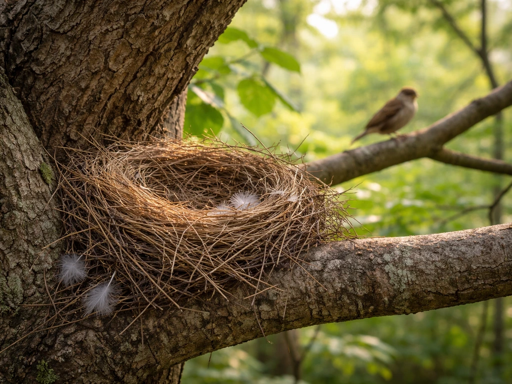 Close-up of a bird nest in a branch-and-eave spot, showing building materials and subtle activity signs.