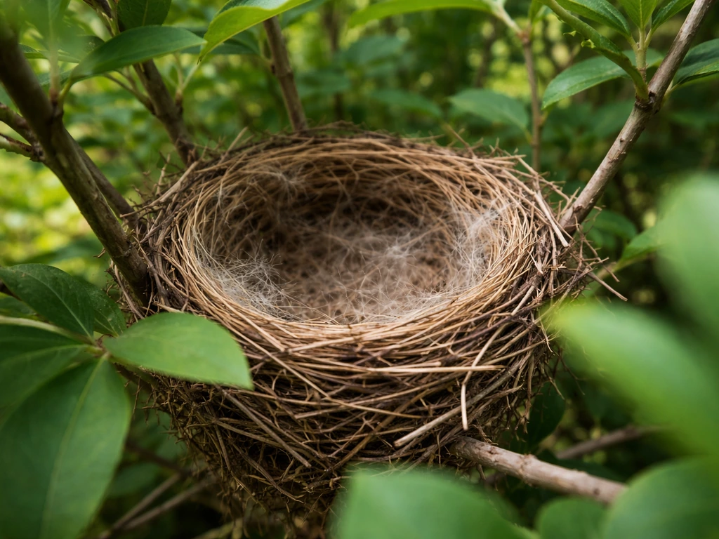 Close view of a twig-and-bark bird nest cradled in a green shrub.