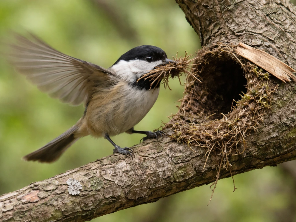 Small songbird carrying twigs and mud toward an active nest on a branch