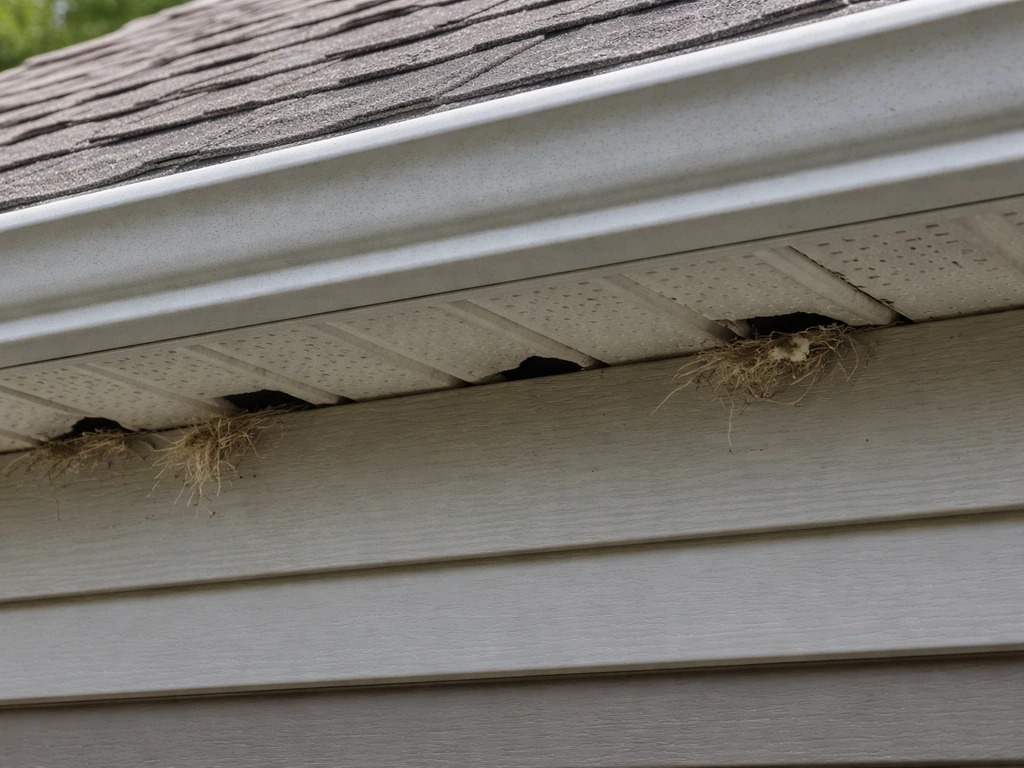 Close-up of a house roof eave with cavity gaps and faint nest material tucked near openings.
