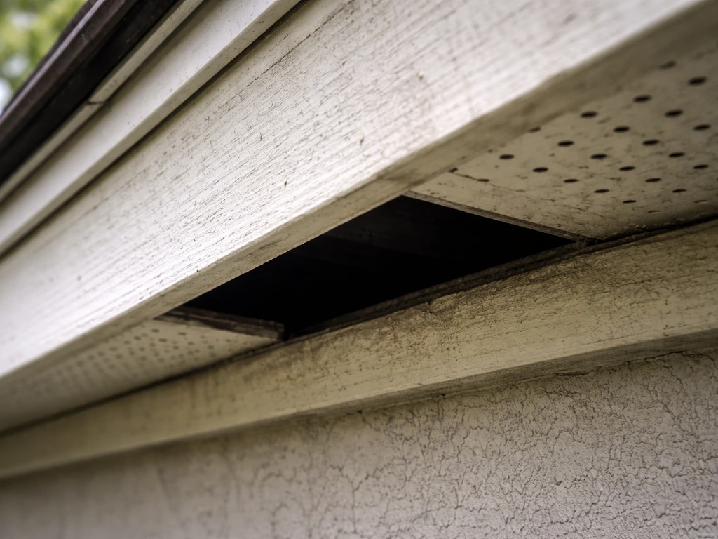 Close-up of a roof soffit and eave gap under loose fascia, showing a likely bird entry point.