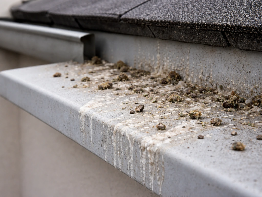 Whitish-gray pigeon droppings and crust residue on a roof ledge under a gutter overhang.