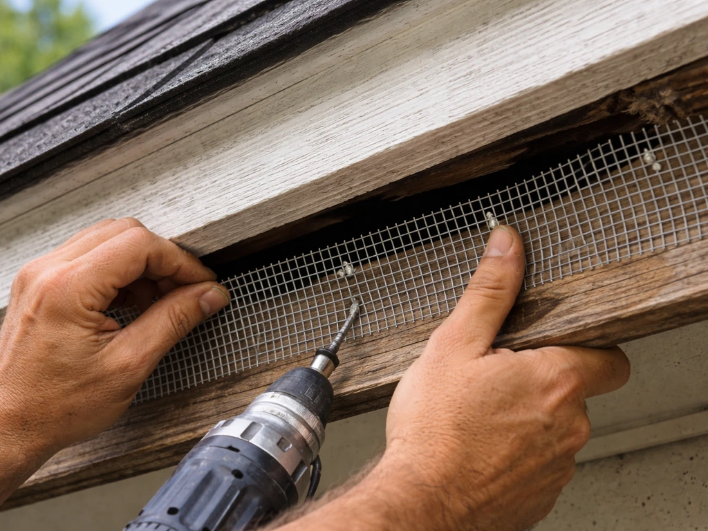 Worker installing galvanized hardware cloth over a roof soffit gap larger than 1.5 inches