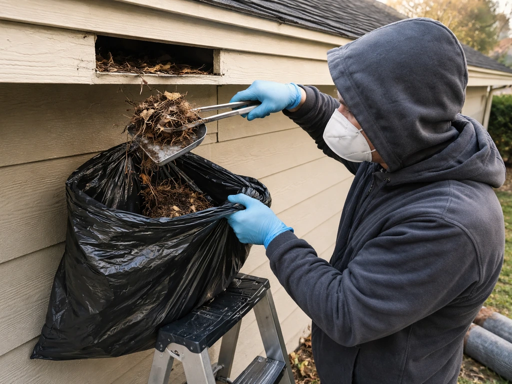Gloved worker bags old bird nest material near a house eave, wearing protective gear for safe cleanup.