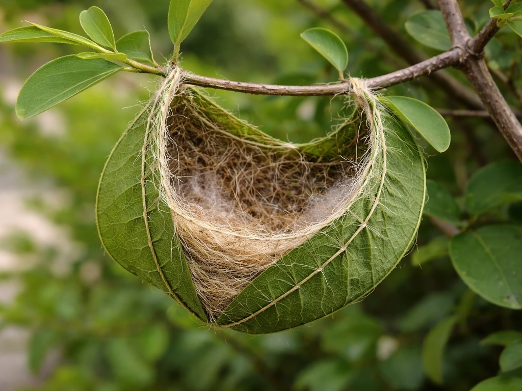 Close-up of a common tailor bird nest woven into a leaf cradle on a shrub, in sharp focus.