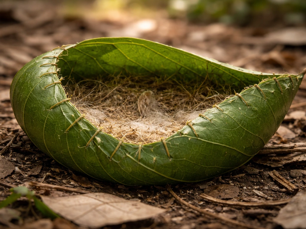 Close-up of a tailorbird nest leaf-wrapped cradle with pierced, stitched leaf edges and leaf-based construction.