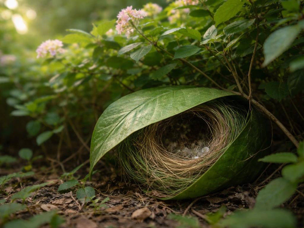 Nest of a tailorbird attached to a large leaf in dense low shrubs within a garden hedgerow.