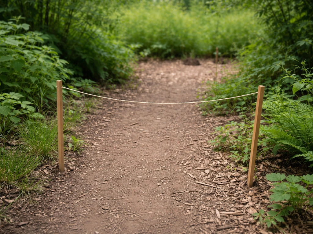 Garden path marked off with stakes and string to reroute people away from a nest area.