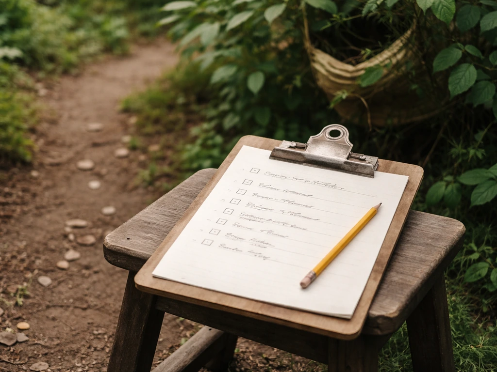 Clipboard with a simple nest-monitoring checklist and pencil in a garden near a leafy shrub.