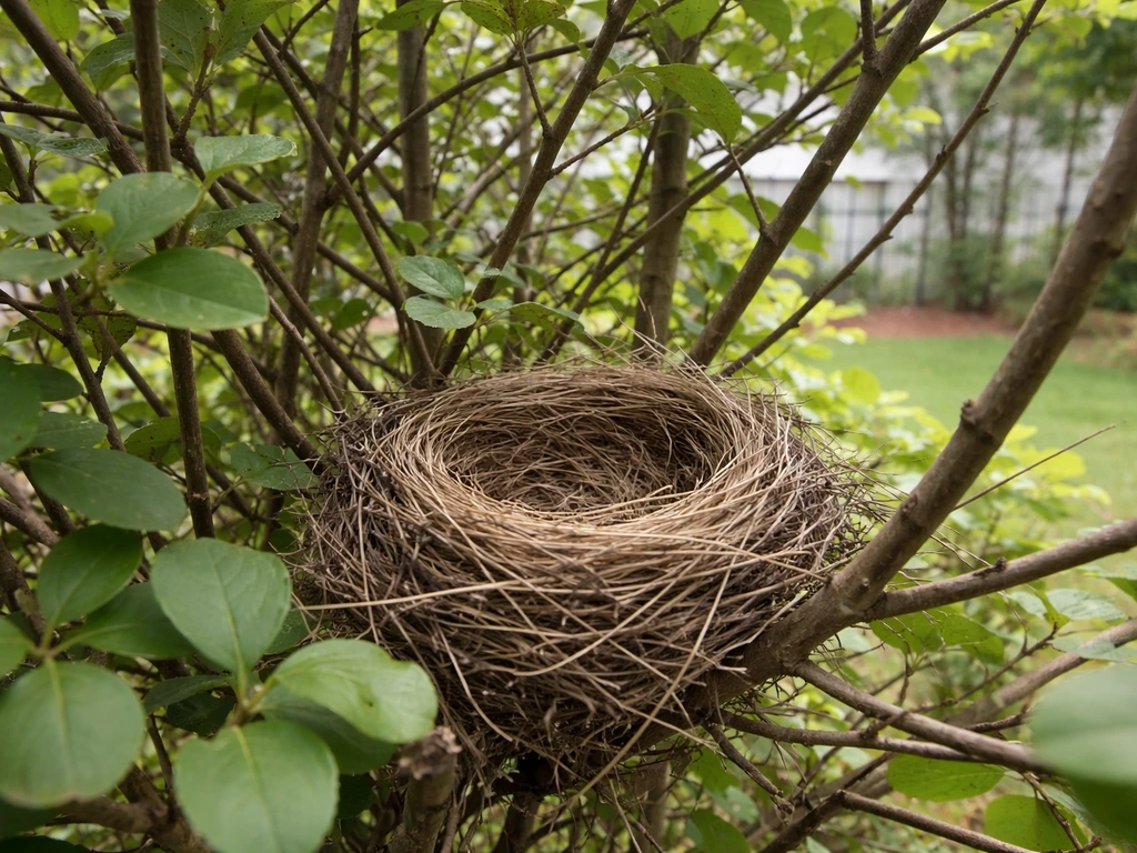 Cup-shaped bird nest tucked in a dense shrub, with surrounding greenery visible for placement scale.