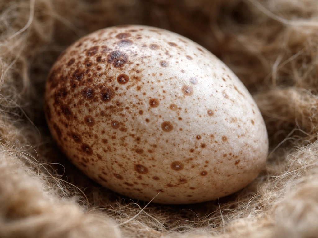 Macro close-up of a bird egg with visible shell texture, mottled spots, nestled in fibers.