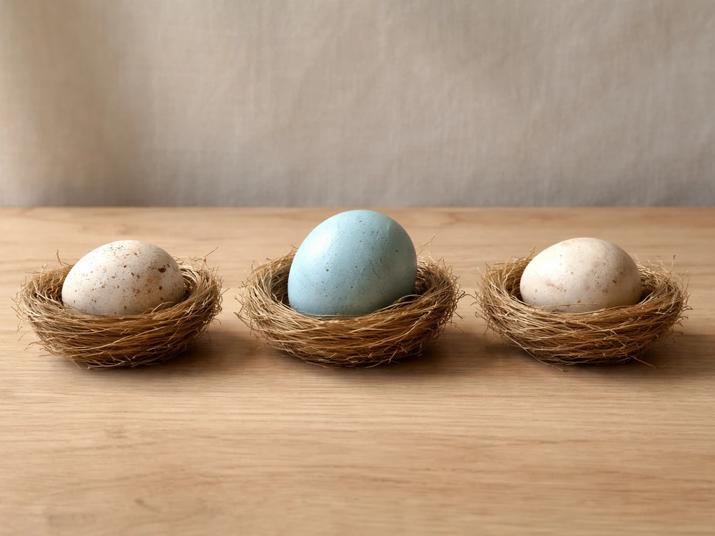 Three common backyard egg types shown side-by-side in bowls on a wooden tabletop.