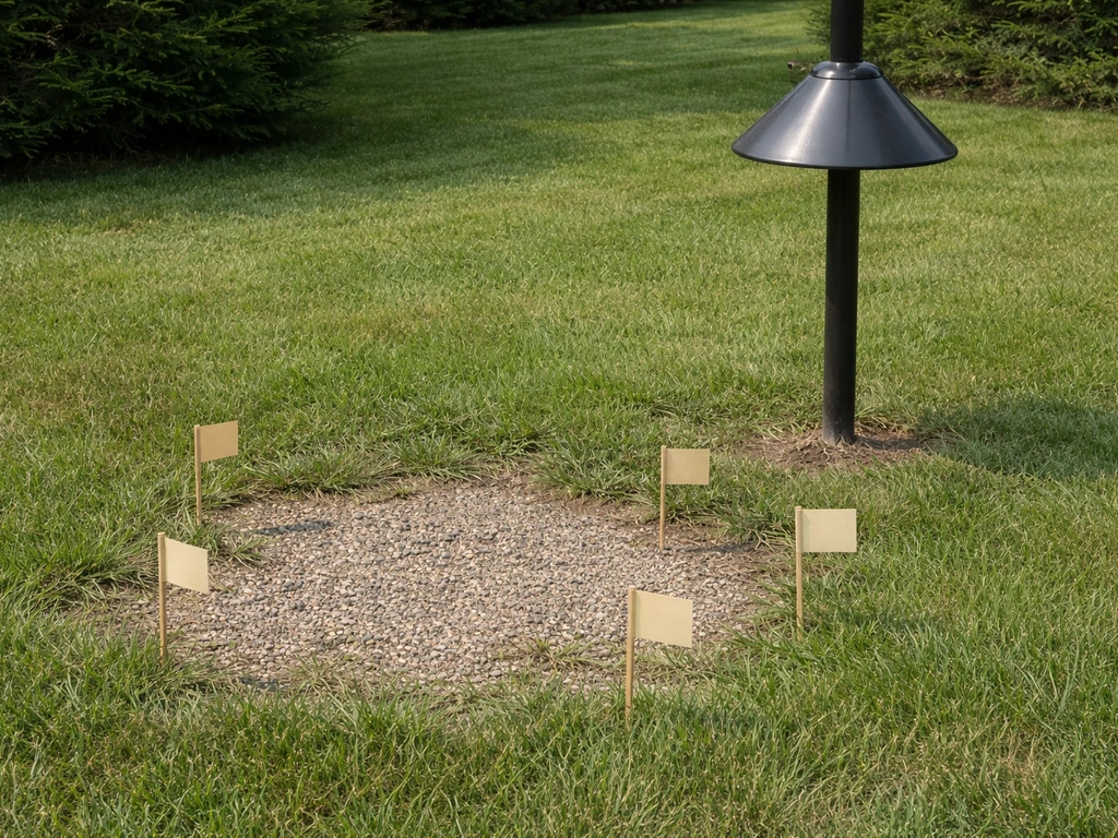 Ground-nesting area marked with small stakes on gravel/lawn and a nearby smooth metal predator baffle