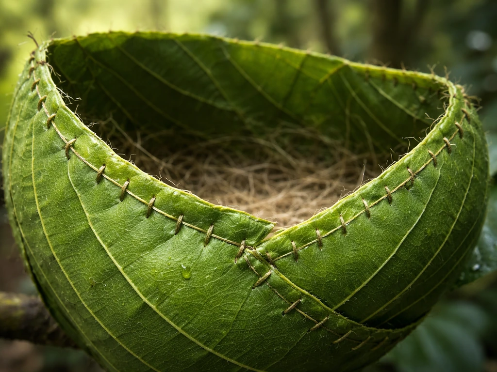 Dramatic close-up of a leaf-stitch nest cradle with green leaf texture and natural forest bokeh