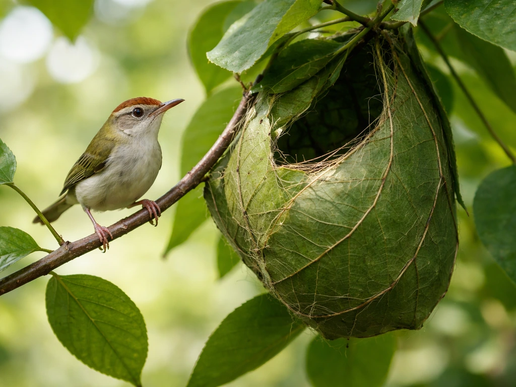 Common tailorbird perched near a small leaf nest with stitched leaf edges, in a lush forest
