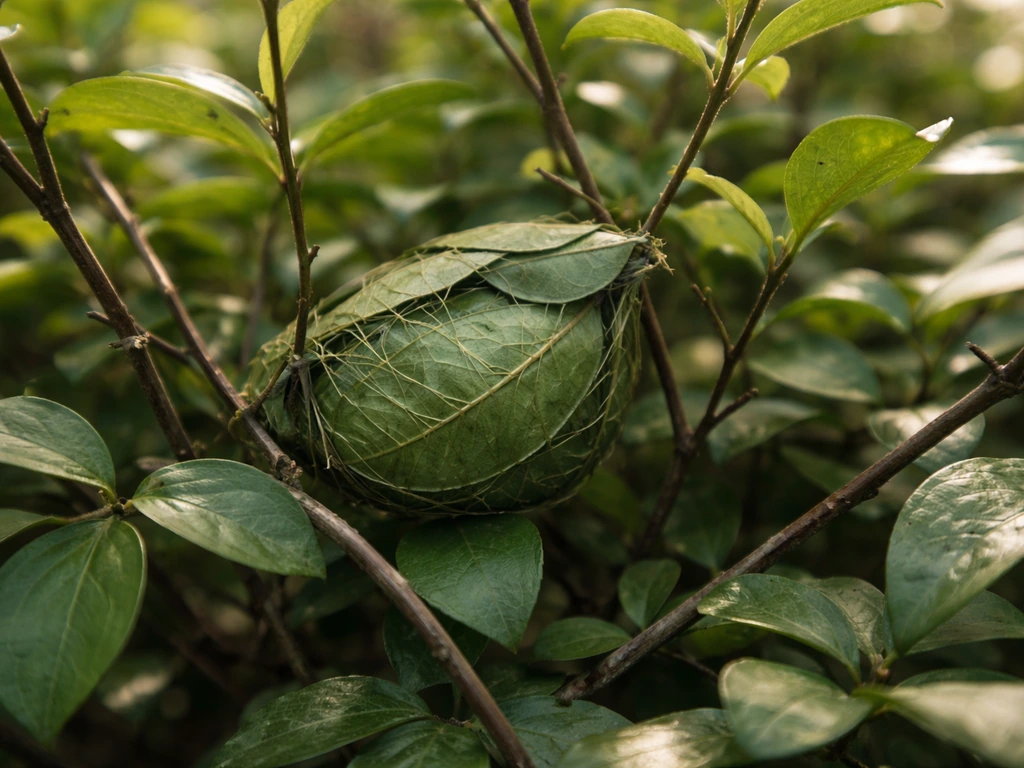Stitched-leaf tailorbird nest hidden in a garden shrub, with soft sunlight and realistic leaves.