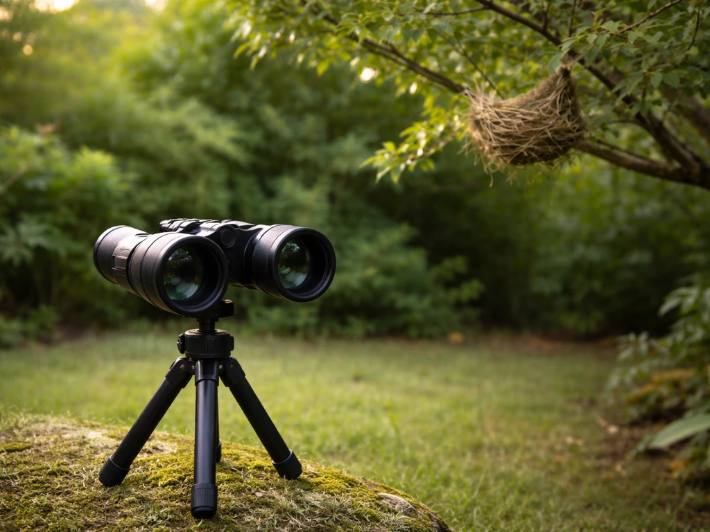 Binoculars on a tripod viewing a leaf-stitch bird nest from a safe distance in a quiet garden.