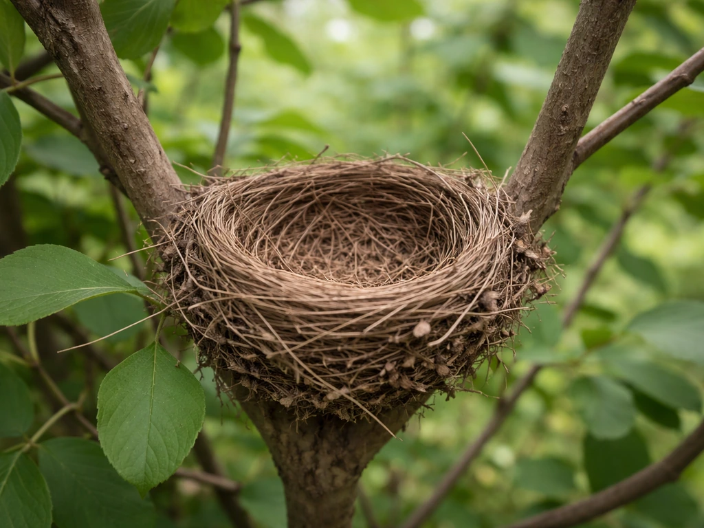 Open cup-shaped bird nest wedged in a shrub branch fork with twigs and grasses.