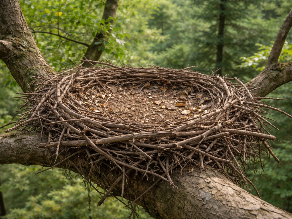 Close view of a large raptor platform nest of coarse sticks on a tall treetop limb