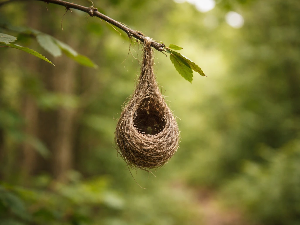 Close-up of a small pendant woven bird nest hanging from drooping tree branches.