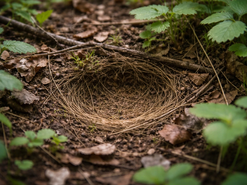 Low camouflaged ground nest scrape with neatly lined vegetation, viewed from above in natural cover.