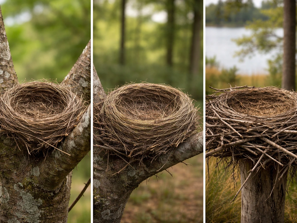 Three empty stick-and-grass nests side by side, from compact cup to large platform.