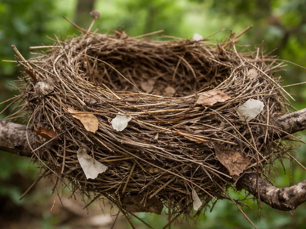 Bulkier open cup nest of twigs, leaves, and grasses with a few paper scraps in a leafy tree