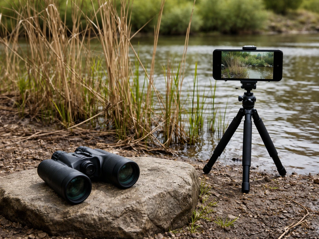 Binoculars and a phone on a tripod observe reeds and dried plant stems from a distance.