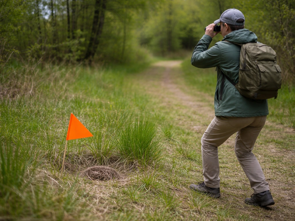 Person using binoculars while keeping distance from a hidden ground nest with a boundary marker nearby.