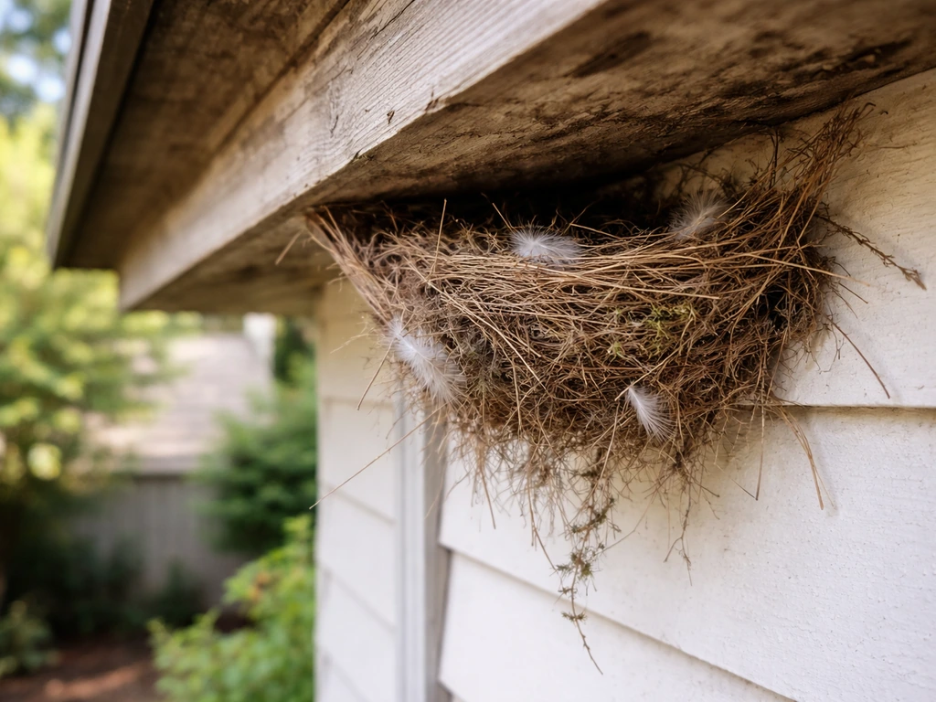 Active bird nest tucked under a residential eave in natural daylight, no people present.