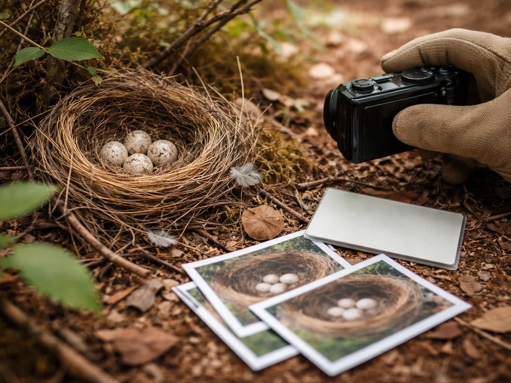 Close-up of gloved hands documenting an active bird nest with eggs and nest materials in soft daylight.