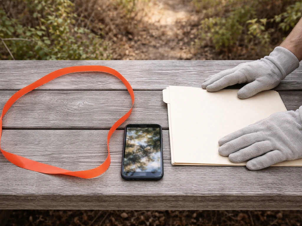 Close-up of a paper folder, smartphone photos, and gloves on a clean outdoor workbench near a quiet natural area