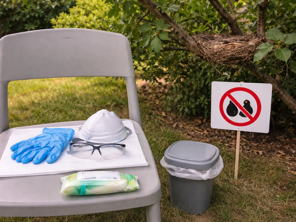 PPE laid out, sanitation wipes and a bin next to a nest spot with a prohibition sign, no eggs visible