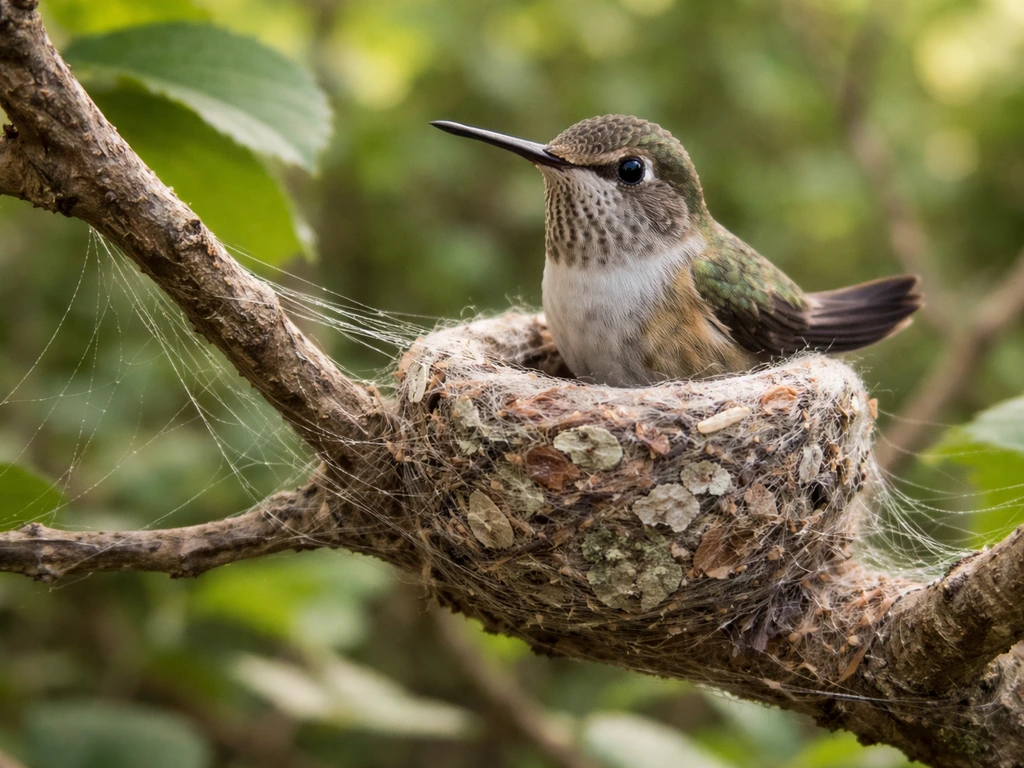 Hummingbird perched at the edge of a cup-shaped nest with subtle spider silk strands.