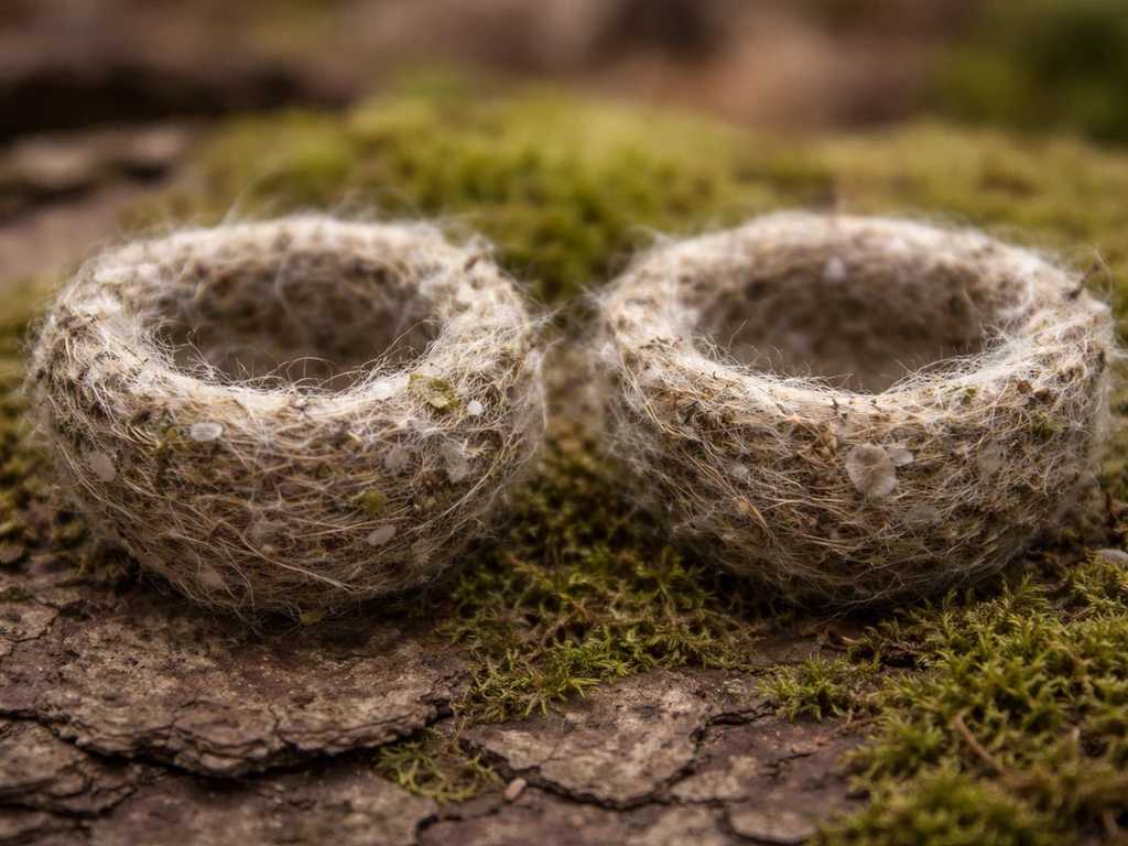 Two small cup nests side-by-side, one with visible spider silk woven into a hummingbird-like cup.