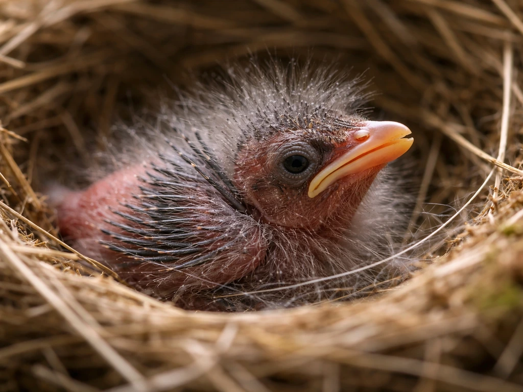 Baby bird nestling with pin feathers near thin spider silk strands in a nest.