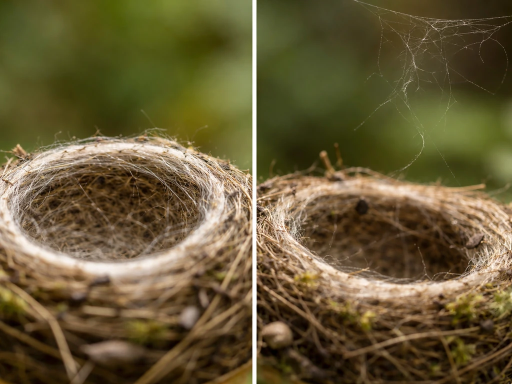 Two close-ups: spider silk woven into a nest cup vs loose cobwebs hanging nearby.