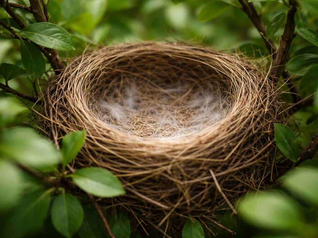 Close-up of a cup-shaped songbird nest in a leafy shrub, showing rim and lined bowl interior.