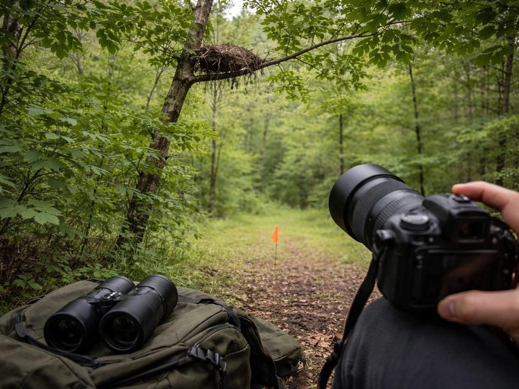 At-distance wildlife observation: binoculars and a telephoto camera pointed toward a distant bird nest on a tree branch.
