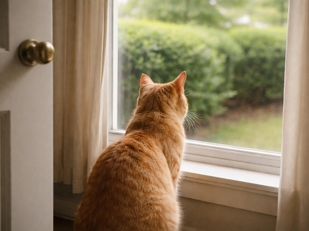 A cat indoors near a window while a quiet backyard with shrubs shows disturbance-free nest protection