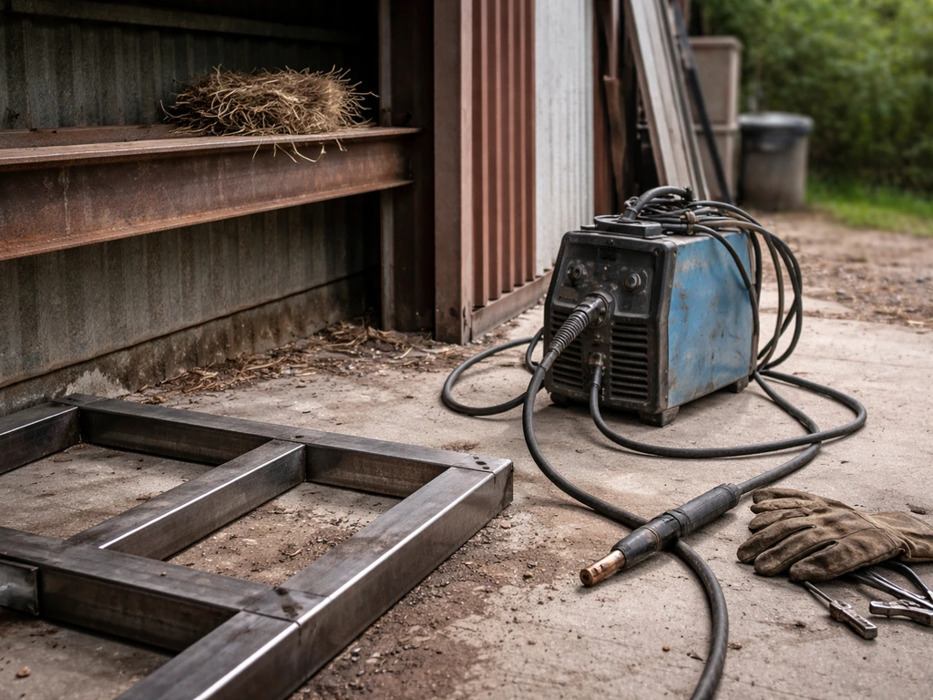 Outdoor welding setup on a concrete pad with a small bird nest resting on a nearby beam.