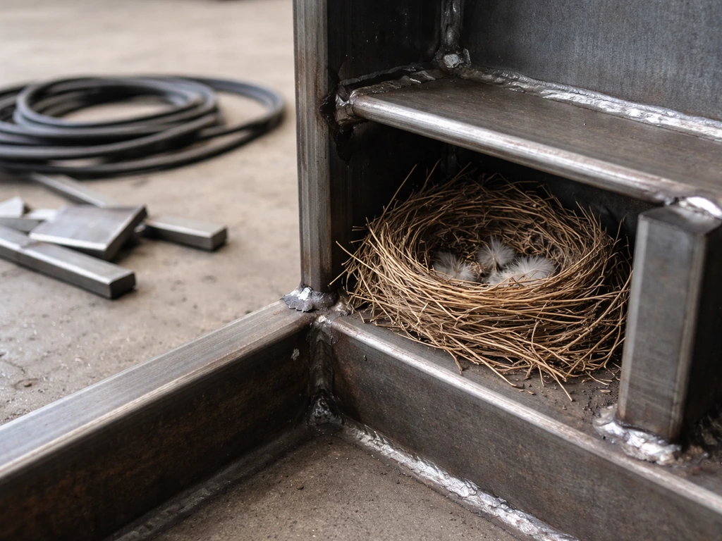 Close-up of a welded metal corner with a small bird nest tucked inside the recess amid job-site materials