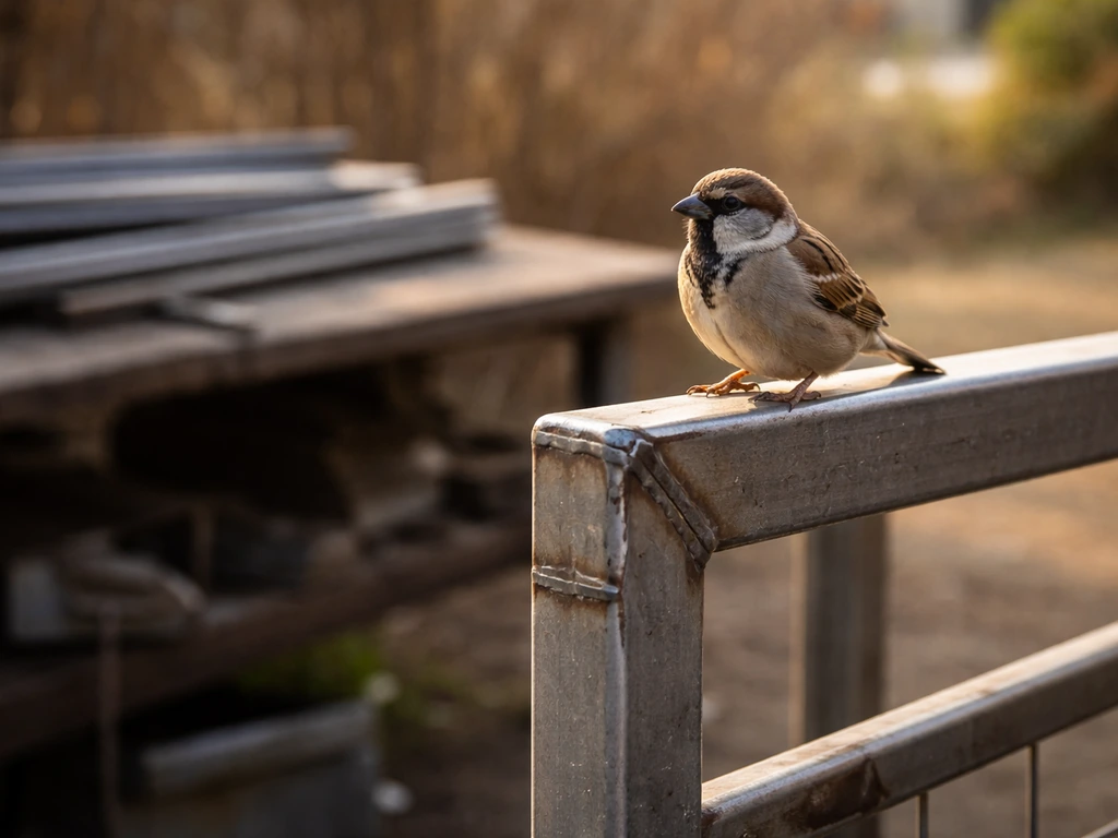 A small bird perched on a warm metal gate frame near an outdoor welding area, with softly lit metal surfaces.