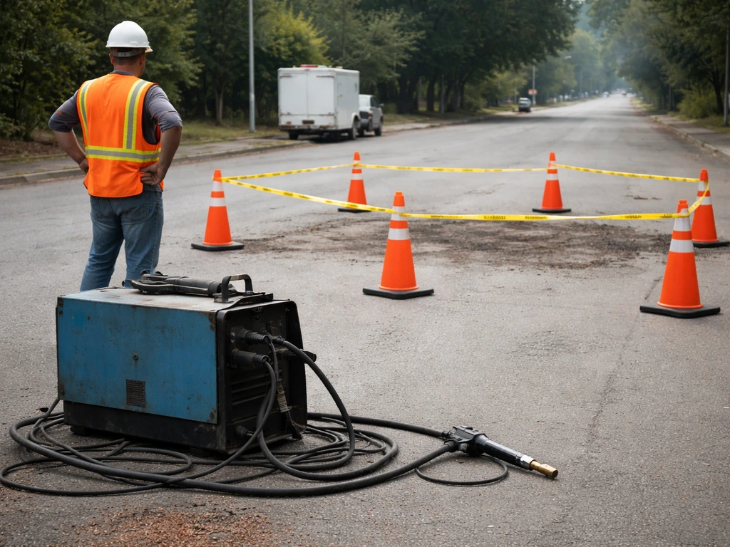 Worker stopping welding and marking a taped exclusion zone around an active nest area on a roadwork site.