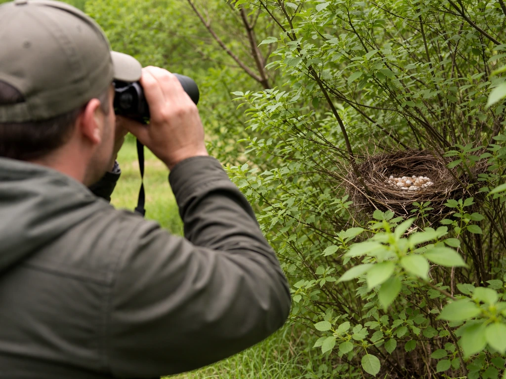 Person looks through binoculars from a safe distance at a bird nest in nearby shrubbery.
