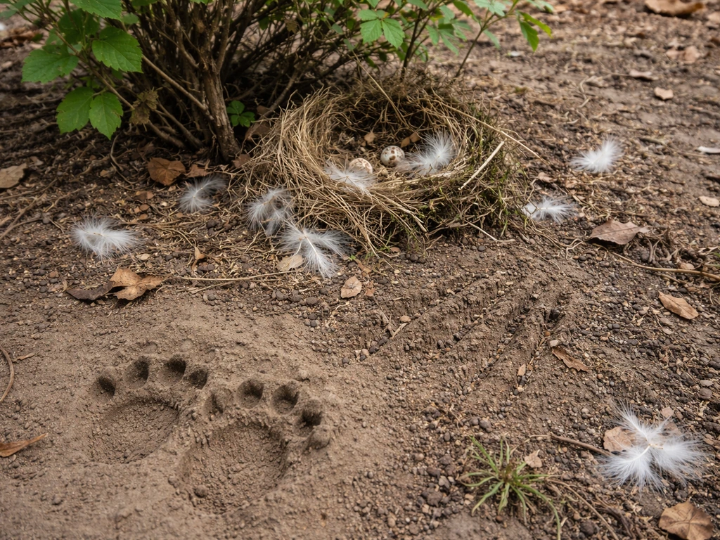 Disturbed bird nest on the ground with scattered fibers and claw marks in nearby dirt