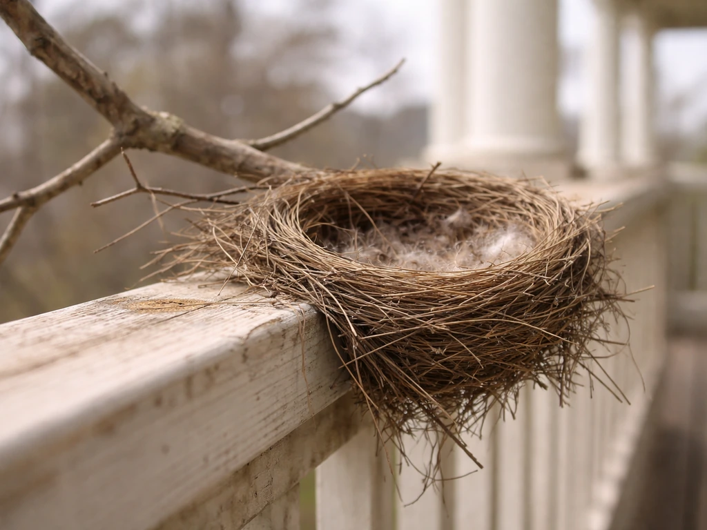 Open-cup bird nest on an exposed porch railing near a bare branch, shot from below.